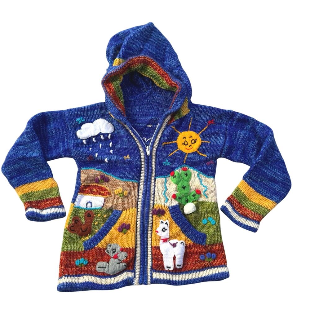 Kids Handmade Wool Peruvian Hooded Sweater Cardigan